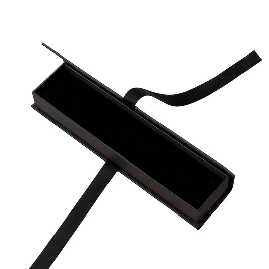 Black ribbon-closure flip-top jewelry box for bracelet presentation
