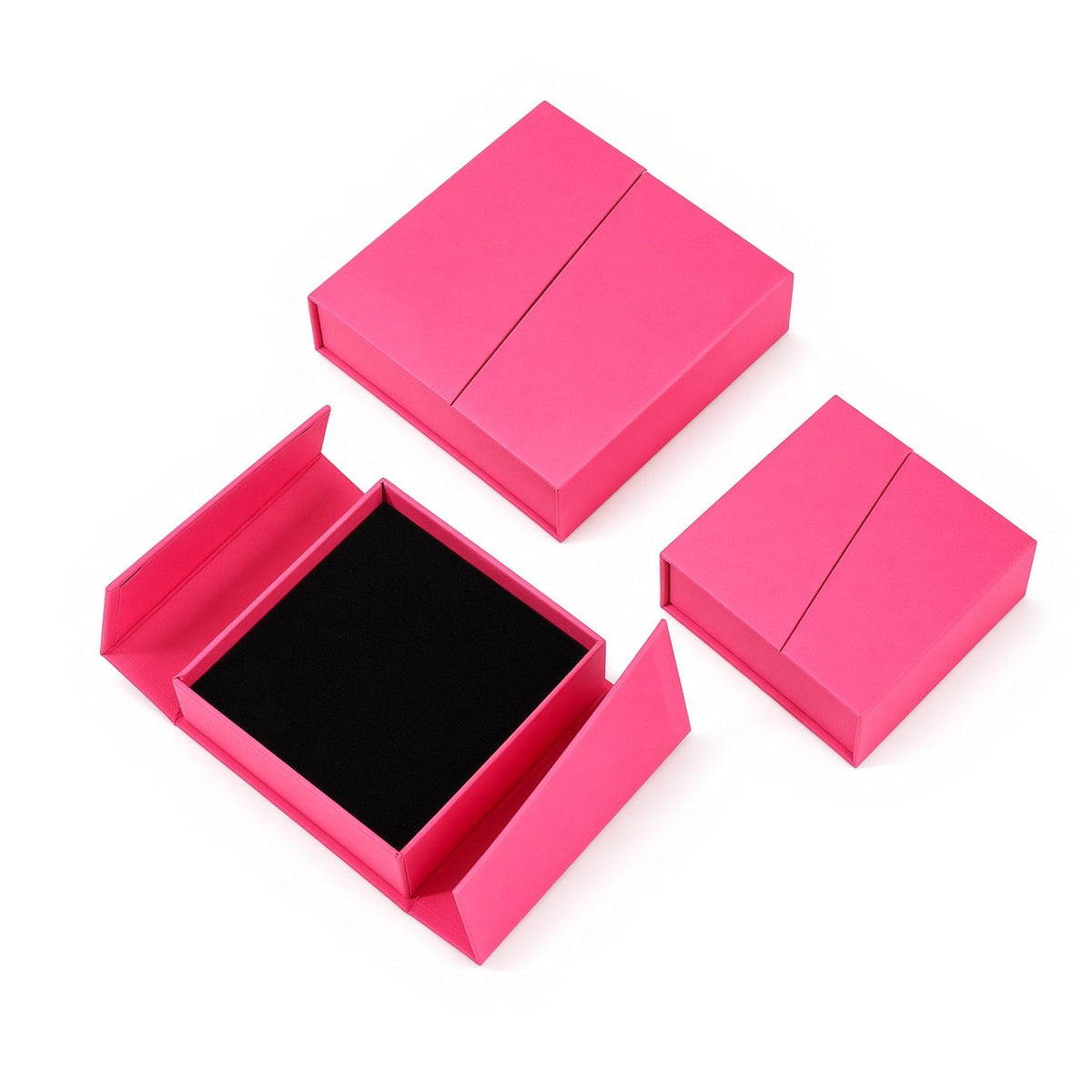 Hot Pink double-opening magnetic jewelry boxes in three verified sizes