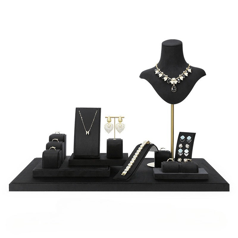Black Velvet Jewelry Display Set - Complete Retail Stand with Bust, Earring, Ring & Bracelet Holders