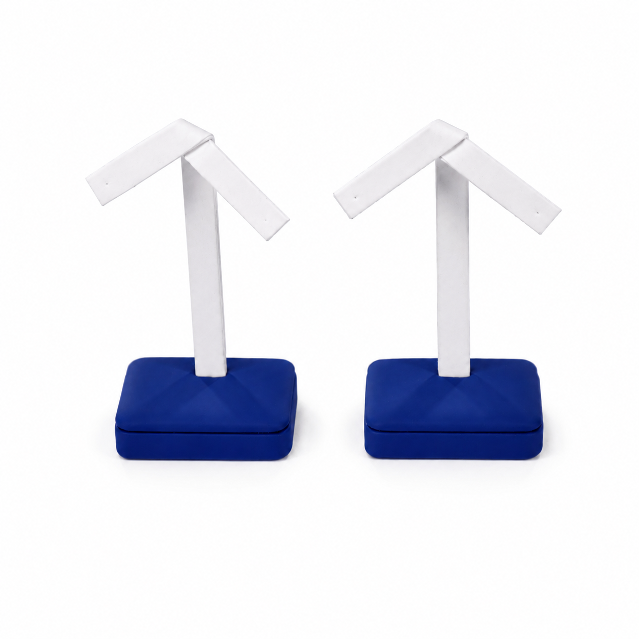 Blue and white countertop earring display stand for studs, hoops, and drop earrings