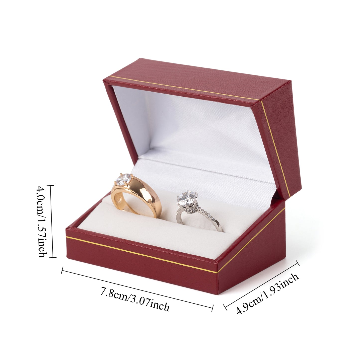 Caja roja para anillos dobles con borde dorado, precio por 12 piezas