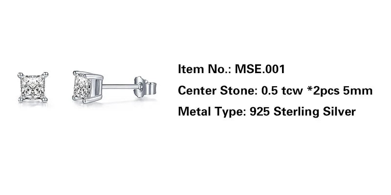 Jeweller Buy Classic Style Princess Cut 0.5CT Moissanite Stud Earrings 925 Sterling Silver Ear Studs