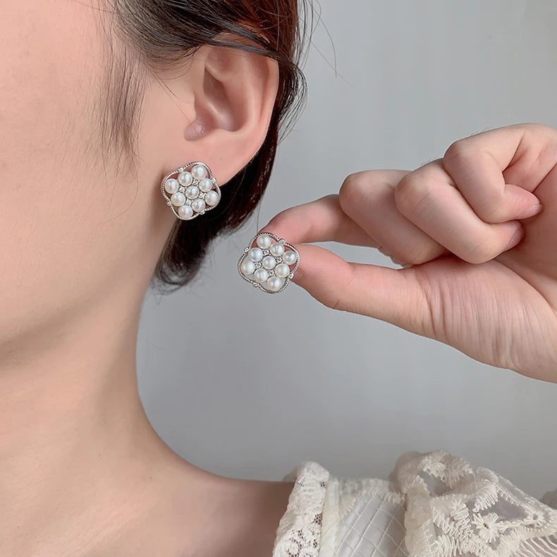 Custom real freshwater pearl Stud earrings luxury jewelry Cubic Zirconia Gold Plated Earrings for Women Wedding Party Gift