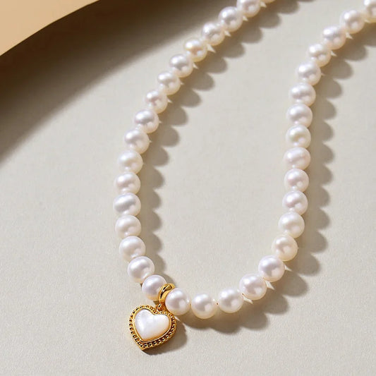 Original natural freshwater white pearl beaded 925 sterling silver chain love heart shape pendant women choker necklace