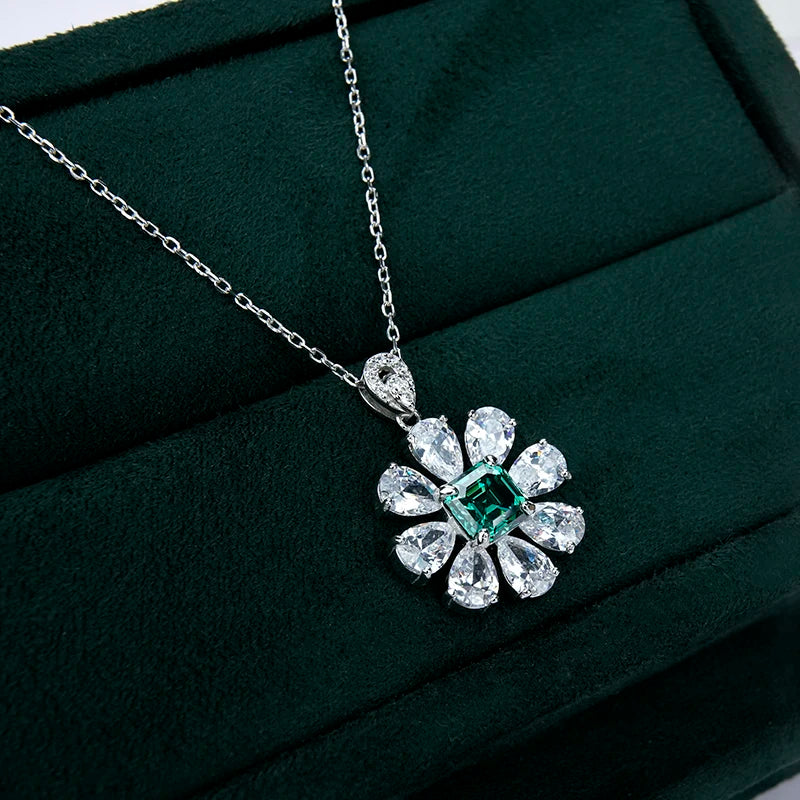 Jeweller Buy 925 Sterling Silver Trendy Flower Pendant Necklace Asscher Green Moissanite Link Chain Gift Wedding Party Fashionable Jewelry