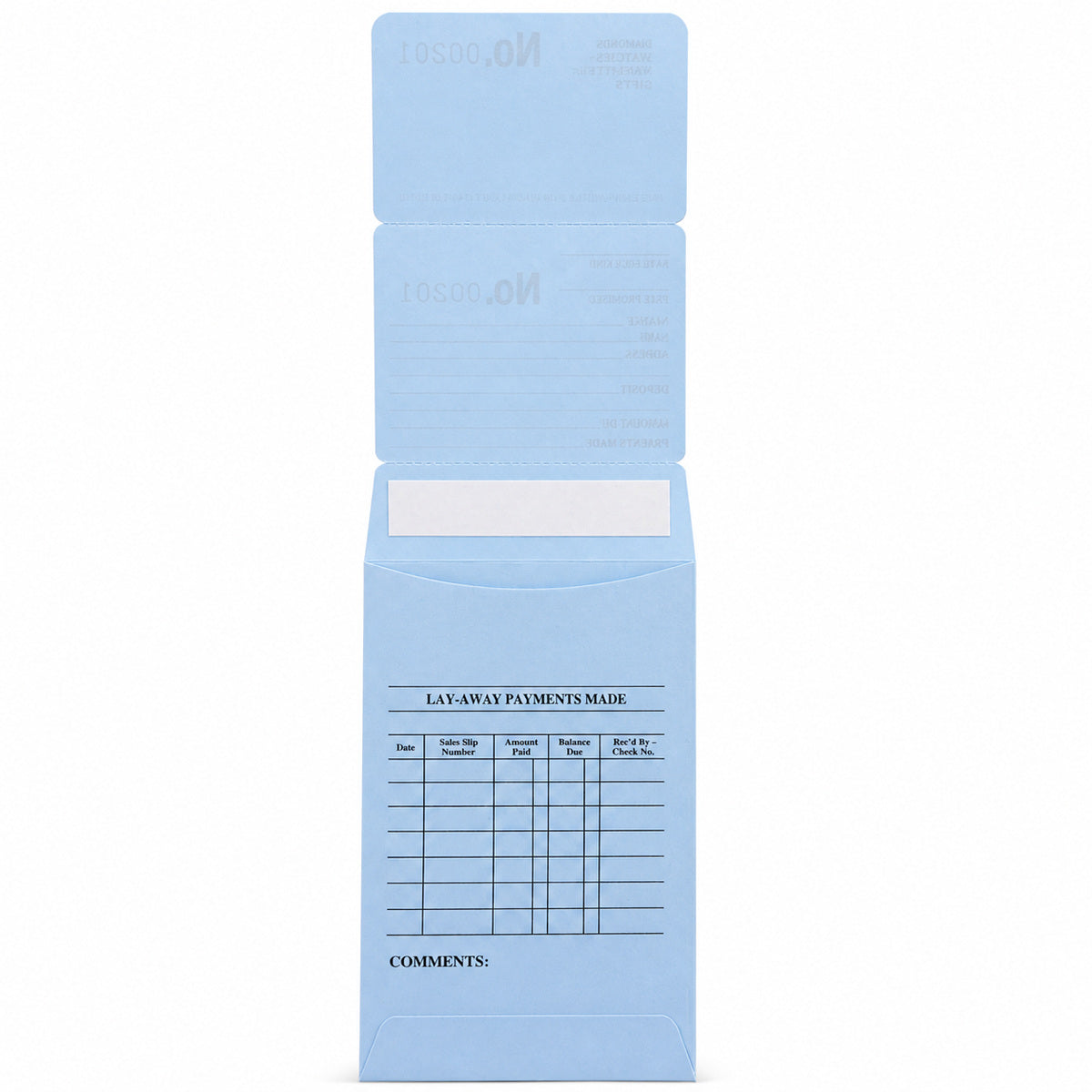 Blue repair and layaway envelope with payment record and storage pocket, back view