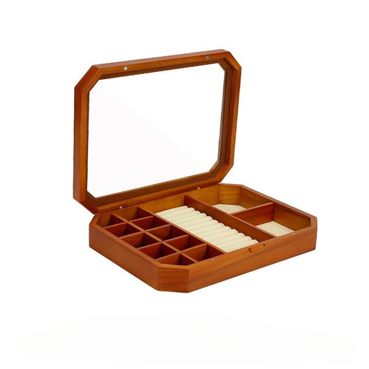Wooden Jewelry Box with Clear Glass Lid & Octagonal Tray