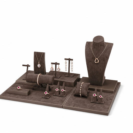 jewelry display - Custom Brown Quilted-Backdrop Jewelry Showcase Set CJD014 open view