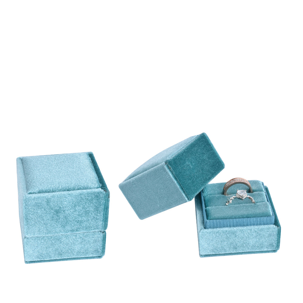 Light Blue Square Double Velvet Ring Box, product view 2