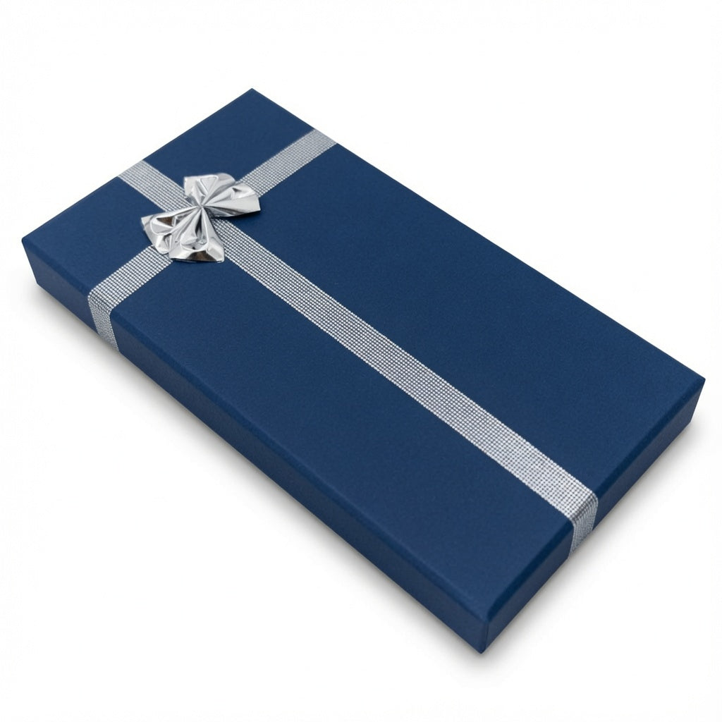 Closed navy blue paper necklace box with silver ribbon and bow