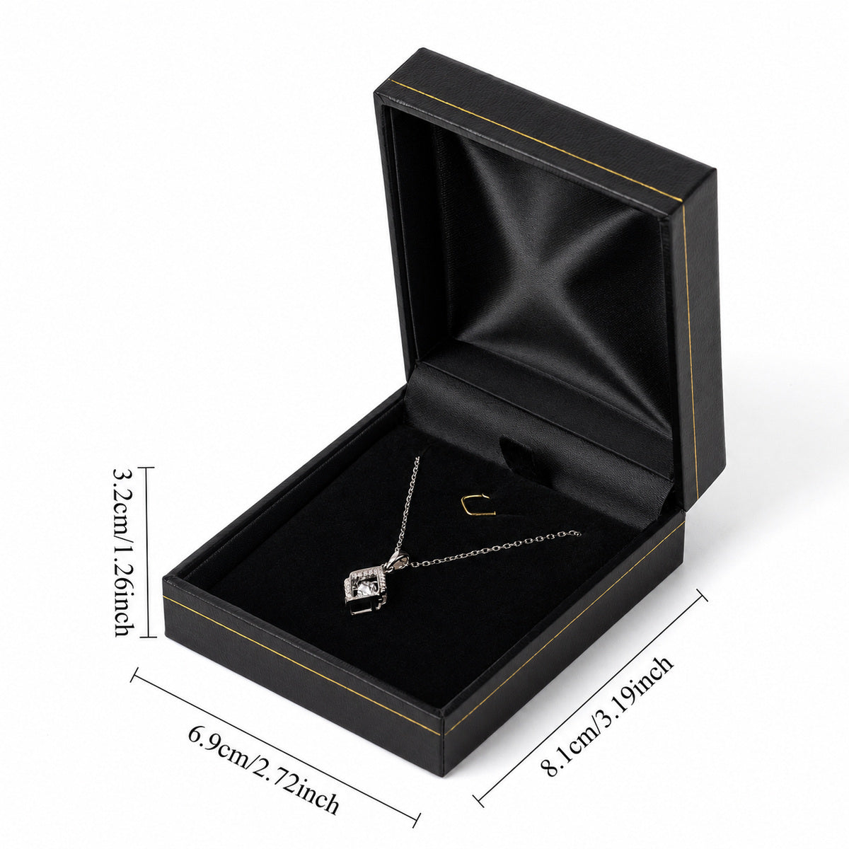 Black necklace box LP9 with a pendant necklace, showing box dimensions in centimeters and inches.