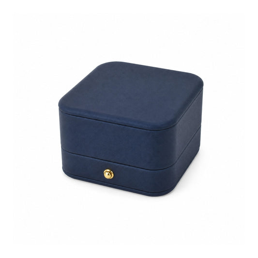 navy blue PU pendant box, closed exterior in a three-quarter view.