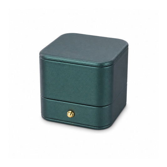 jade green PU ring box, closed exterior in a three-quarter view.