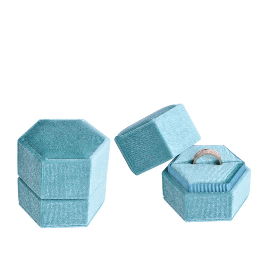 ring box - Light Blue Hexagonal Velvet Ring Box V09-R1 PEC open view