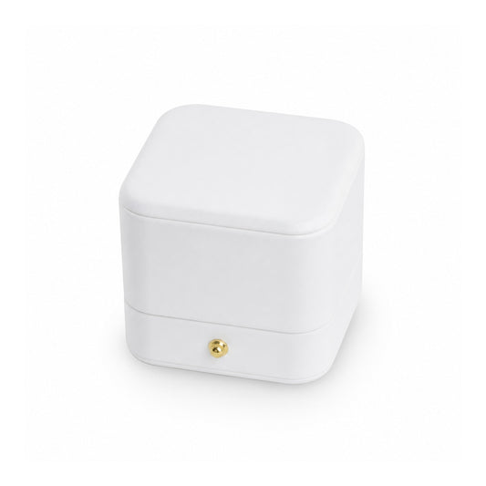 white PU ring box, closed exterior in a three-quarter view.