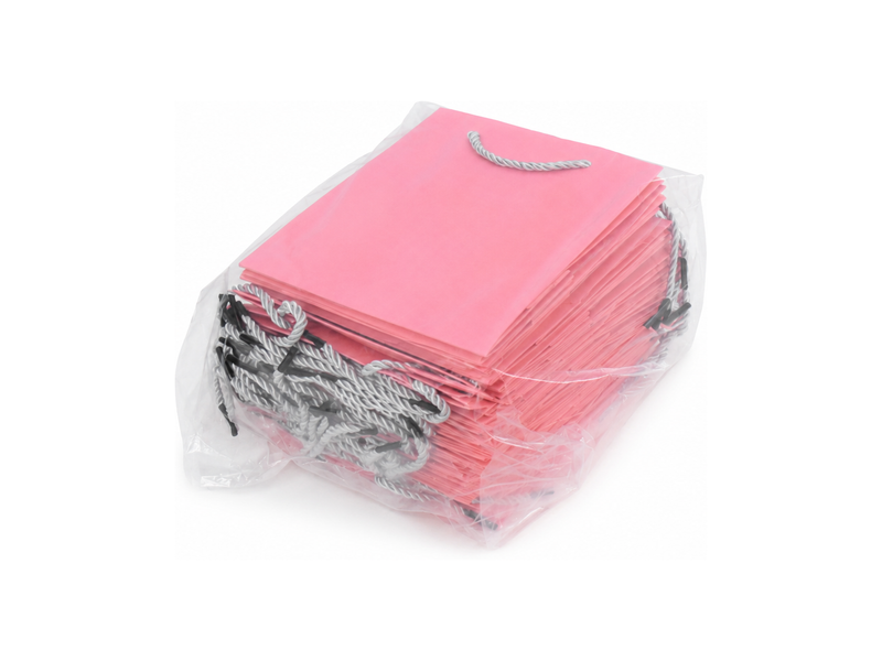 Bulk 24-pack of pink paper gift bags for jewelry retail packaging, 6.25 × 3.5 × 7.75 in