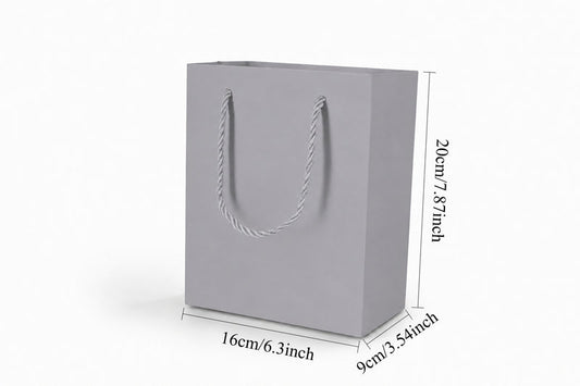 Front view of silver jewelry store gift tote bag with rope handles, 6.25 × 3.5 × 7.75 in