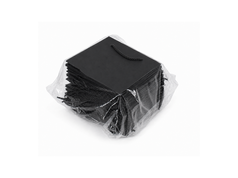 Bulk 24-pack of black paper gift bags for jewelry retail packaging, 7.75 × 3.5 × 6.25 in