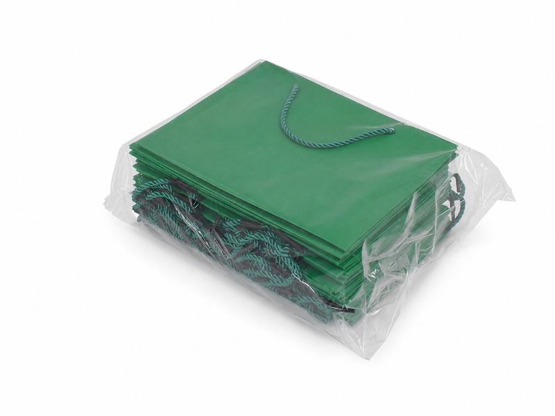 Bulk 24-pack of green paper gift bags for jewelry retail packaging, 10.25 × 4.25 × 7.75 in