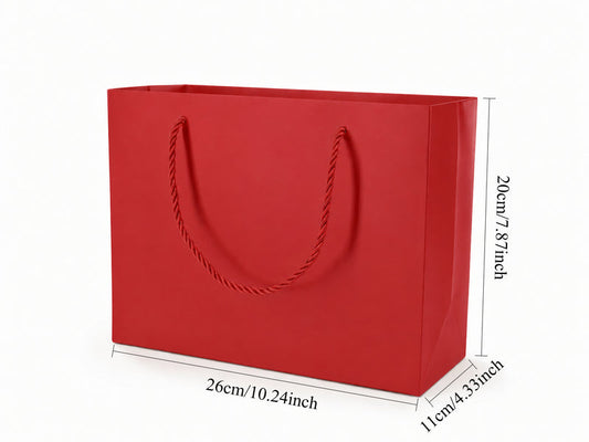 Dimensions for red large landscape paper tote gift bag: 10.25 × 4.25 × 7.75 in
