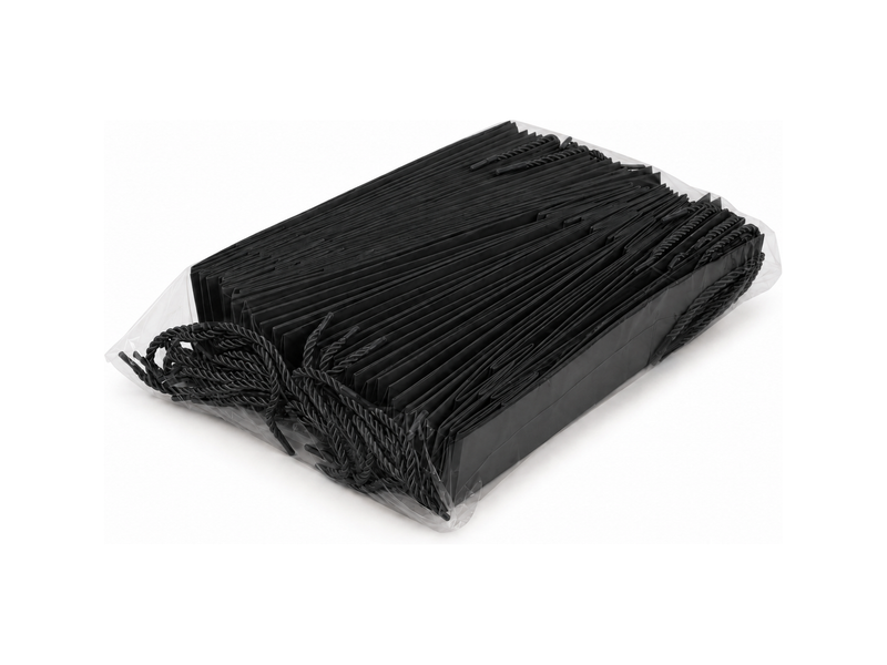 Bulk 24-pack of black paper gift bags for jewelry retail packaging, 3.25 × 2.75 × 10.75 in