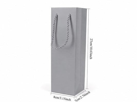 Dimensions for silver tall narrow paper tote gift bag: 3.25 × 2.75 × 10.75 in