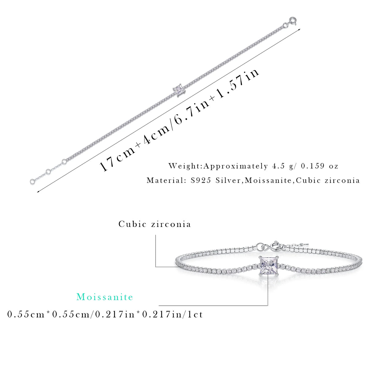 sterling silver jewelry - 925 Silver Bracelet SLM0038B-White-17cm/6.7in product view 05