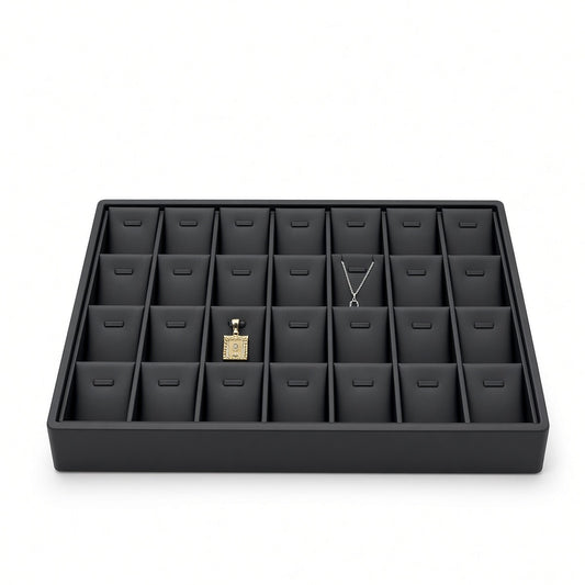 Black 28-slot pendant necklace display tray with jewelry front view