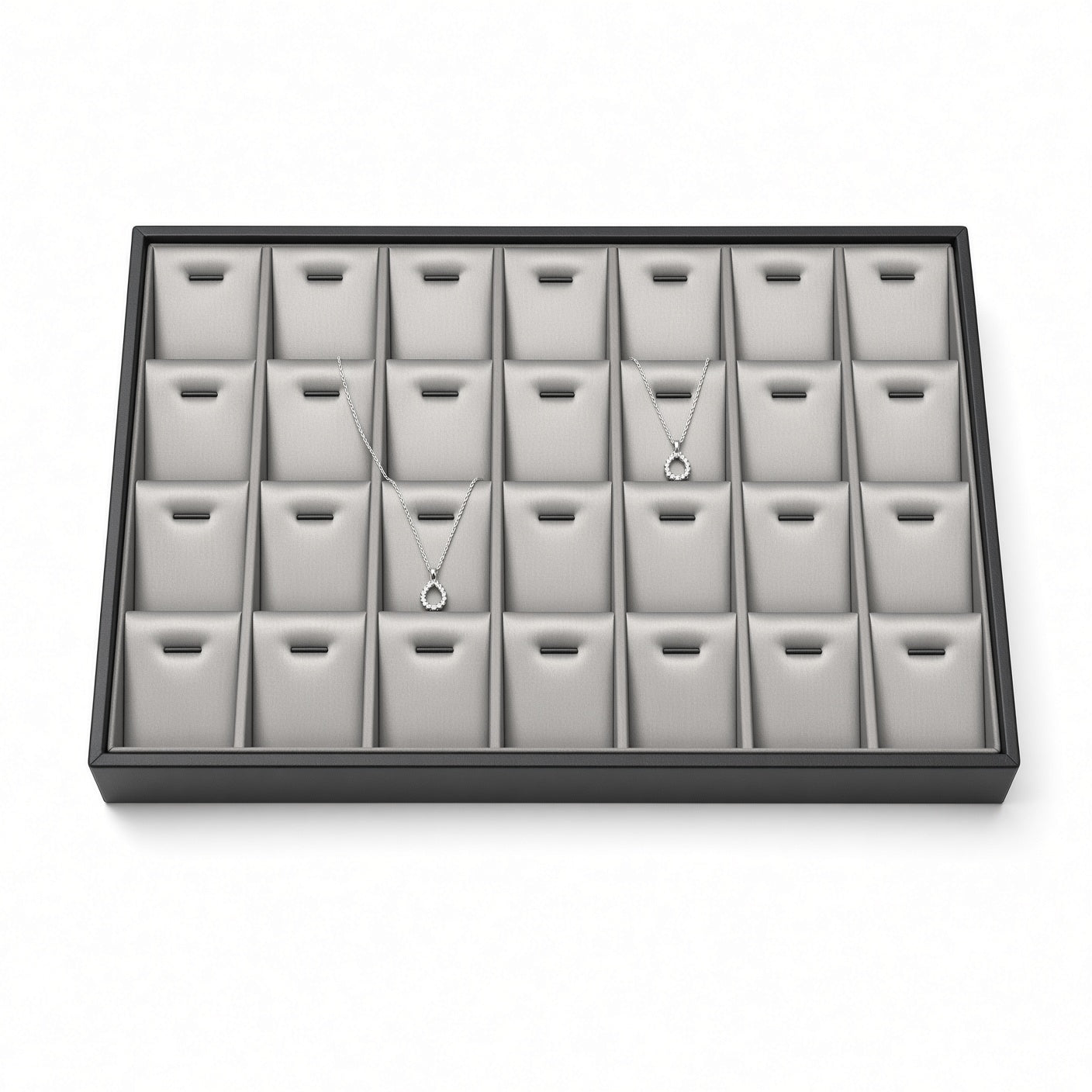 Silver gray 28-slot pendant necklace display tray, front view