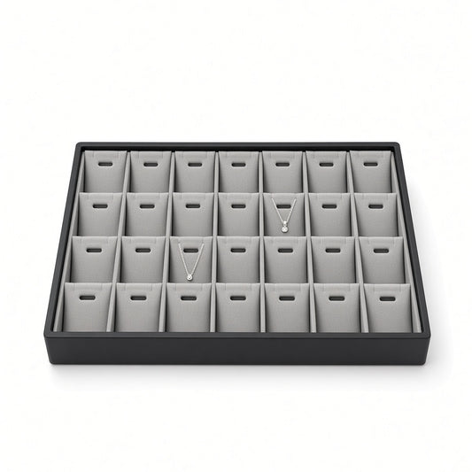 Silver 28-slot pendant necklace display tray with jewelry front view