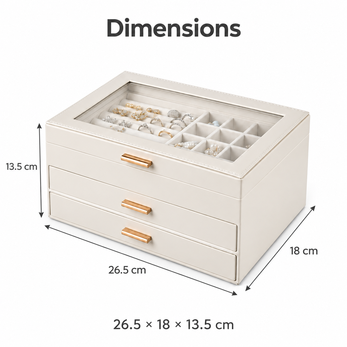 Three-layer PU jewelry storage box dimensions: 26.5 cm wide, 18 cm deep and 13.5 cm high