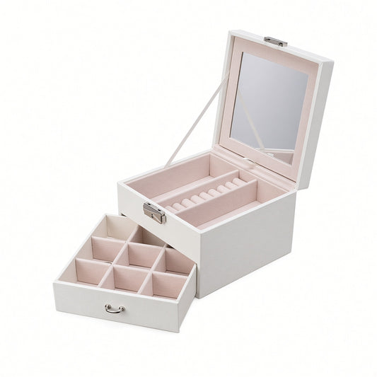 White jewelry organizer with open adjustable mirror and nine-section drawer