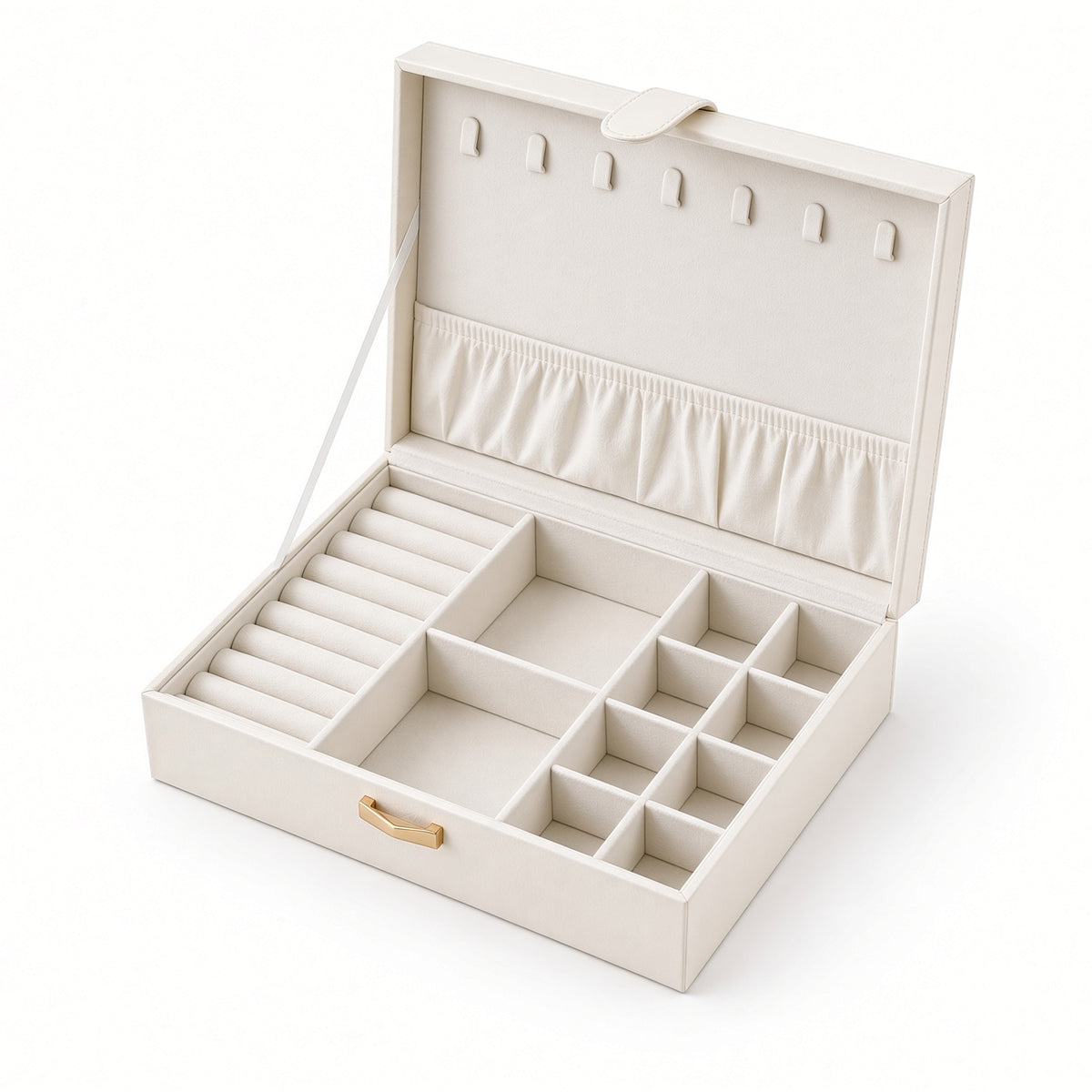 White jewelry case with seven necklace hooks and eight small storage compartments