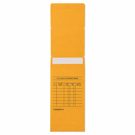 Yellow repair and layaway envelope with payment record and storage pocket, back view