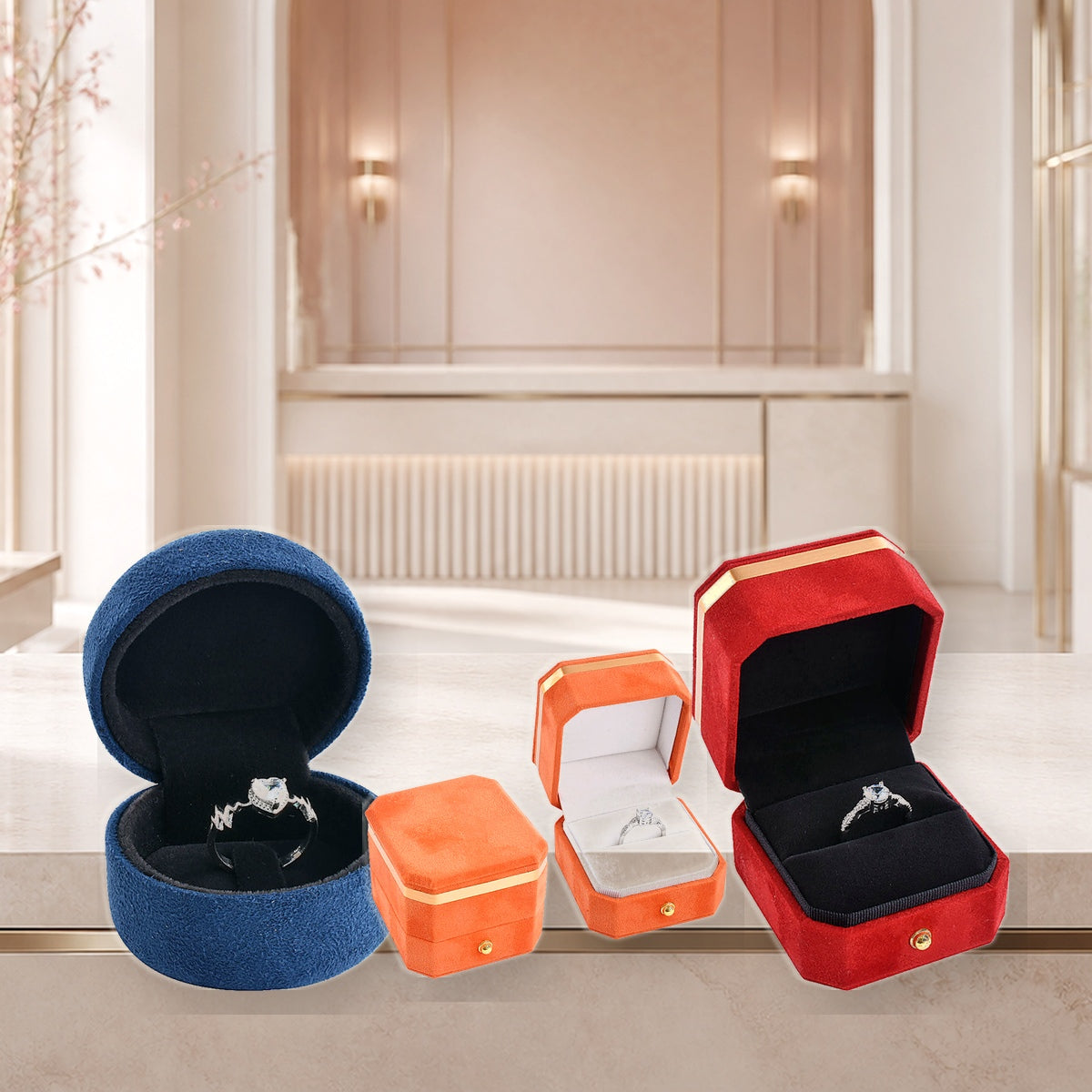 Custom jewelry boxes with refined material details on a bright boutique counter