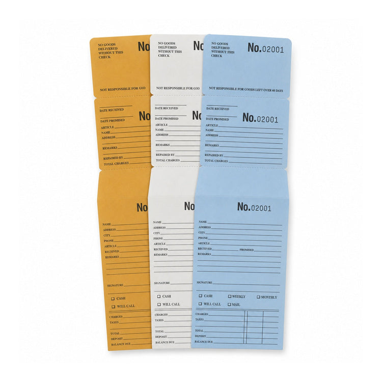 Assorted yellow, white and blue repair and layaway envelopes with numbered claim checks