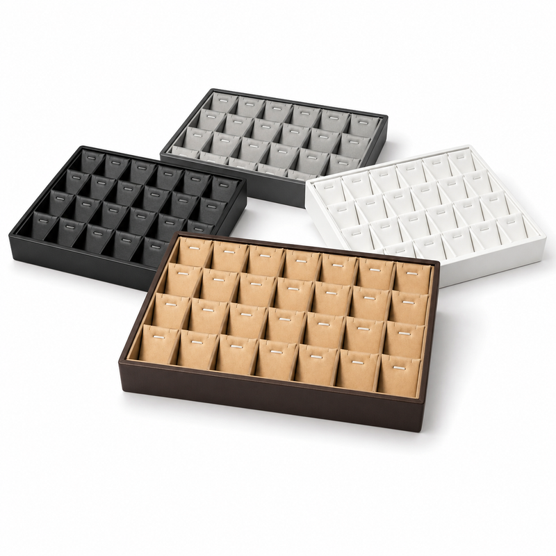 Pendant display trays in black, gray, white and beige
