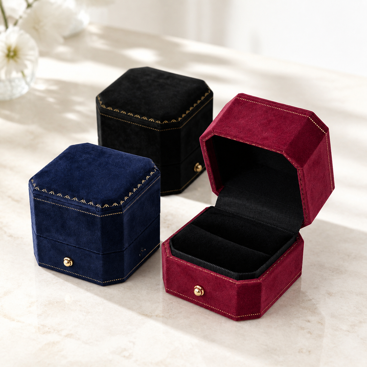 Bright premium velvet jewelry boxes arranged in a refined showroom