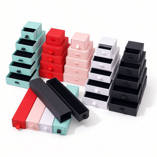 Custom multi-size sliding drawer jewelry box collection in coordinated colors and sizes