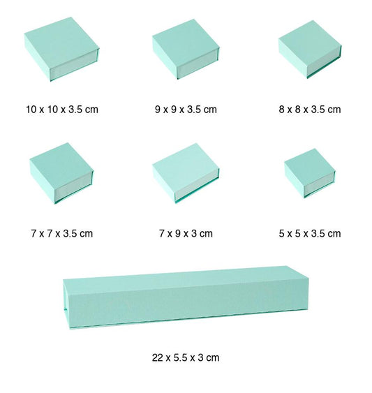 Seven powder blue custom magnetic jewelry box sizes on a pure white background