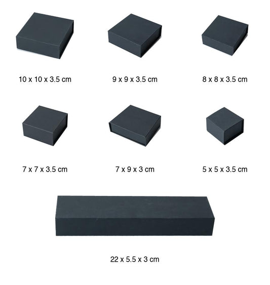 Seven black cardstock custom magnetic jewelry box sizes on a pure white background