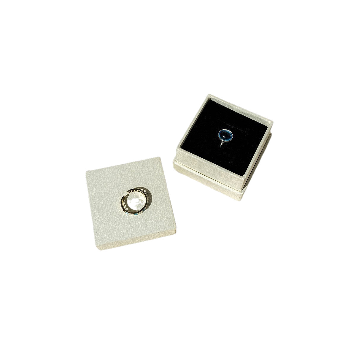 Custom off-white lid-and-base jewelry box size collection on pure white background