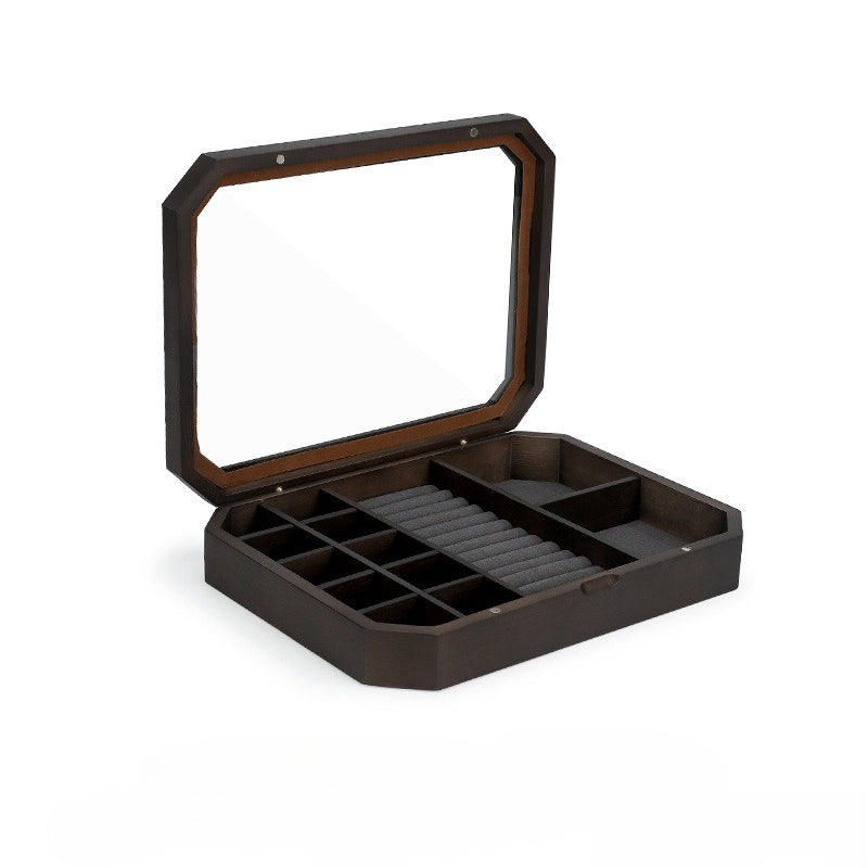 Wooden Jewelry Box with Clear Glass Lid & Octagonal Tray
