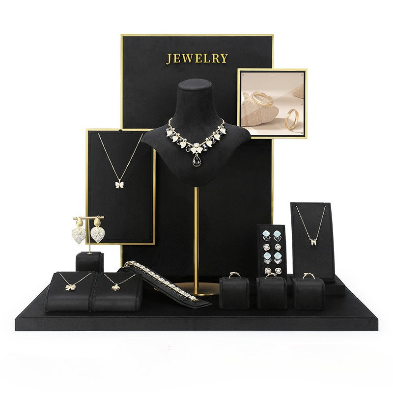Black Velvet Jewelry Display Set - Complete Retail Stand with Bust, Earring, Ring & Bracelet Holders