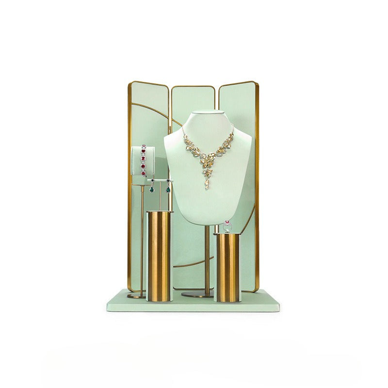 Light Green Velvet Jewelry Display Set with Gold Metal Base - Complete Stand for Necklaces, Earrings, Rings & Bracelets
