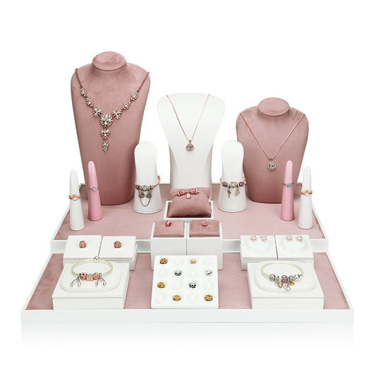 Pink & White Velvet Jewelry Display Set - Complete Retail Stand with Busts, Ring, Earring & Bracelet Holders