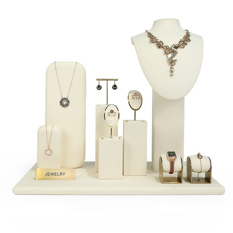 Beige Velvet Jewelry Display Set with Gold Metal Accents - Complete Retail Stand with Busts, Ring, Earring & Bracelet Holders