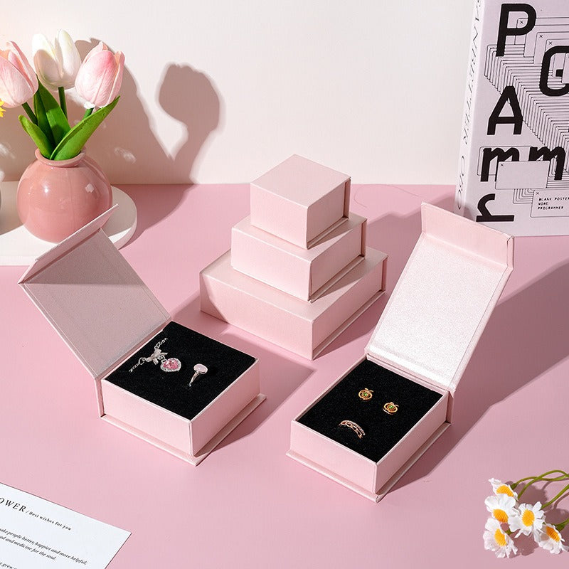 Custom pearl pink magnetic jewelry box presentation view