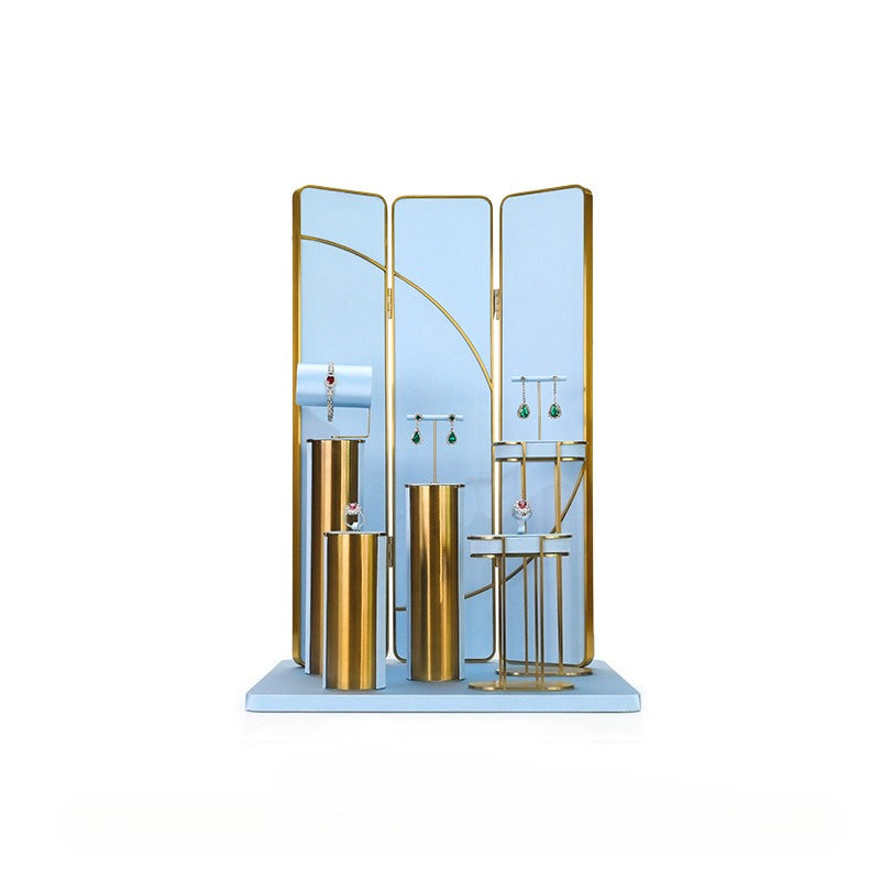 Light Blue & Gold Jewelry Display Set - Luxury Retail Stand with Necklace Bust, Earring & Ring Holders