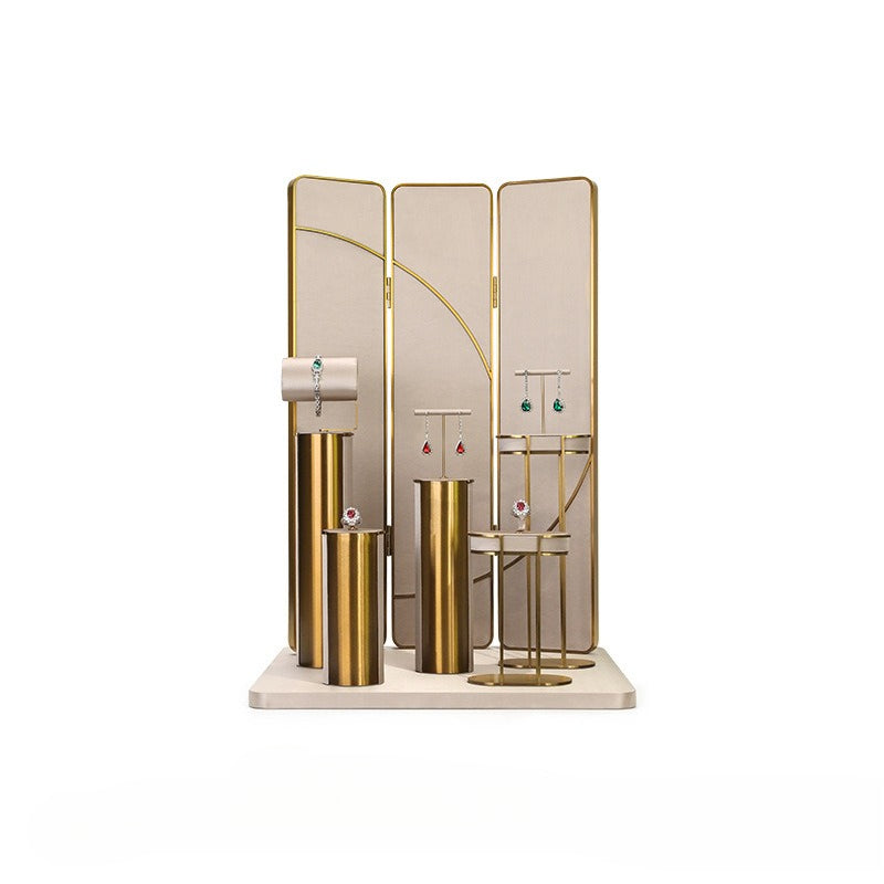 Beige Velvet Jewelry Display Set with Gold Metal Base - Complete Stand for Necklaces, Earrings, Rings & Bracelets